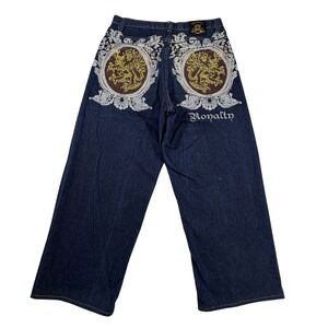 Old Skool Royalty Baggy Jeans Mens 34 Indigo Blue Gold Lion Embroidered Wide Leg